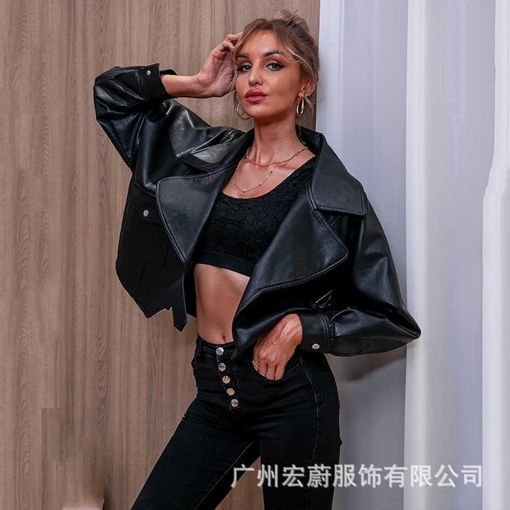 Fashionable Women's Black PU Short Leather Jacket Long Sleeve Turn-down Collar Loose Fit Stylish Biker Coat for Ladies