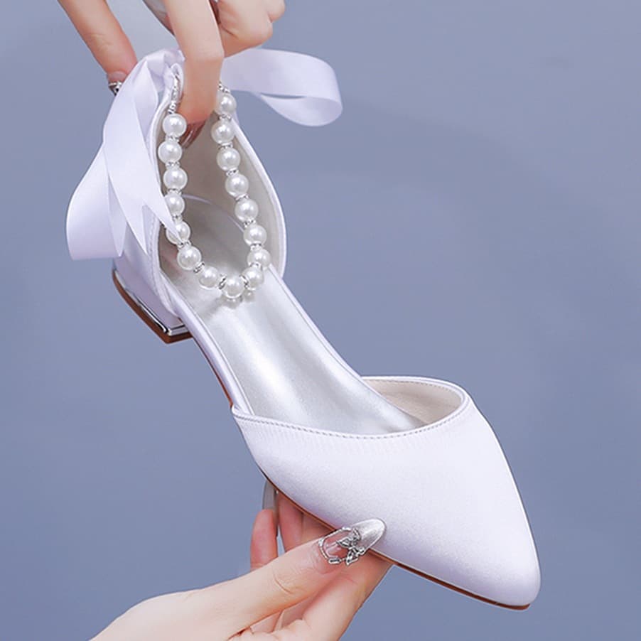 2cm Flat Heel Pointed Toe Open Toe Sandals, Low Heel Shallow Mouth White Satin Beaded Ribbon Bridal Wedding Gown Shoes