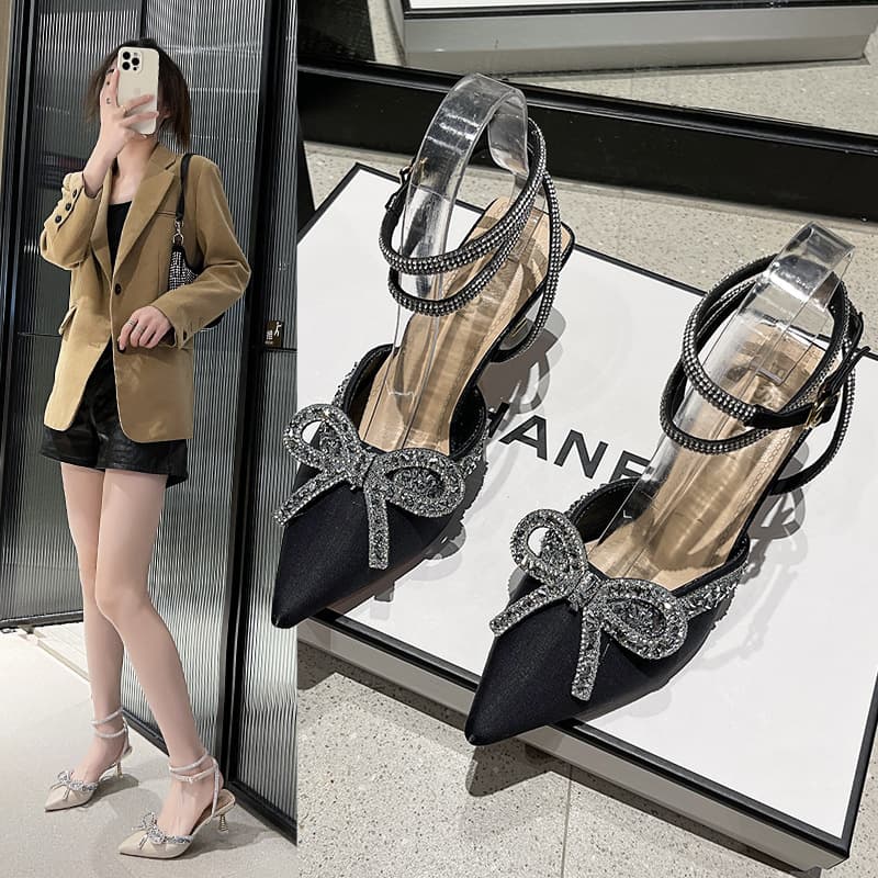 Crystal Bow Slide Sandals for Women Summer New High Heel Pointed Toe Strap Sandals