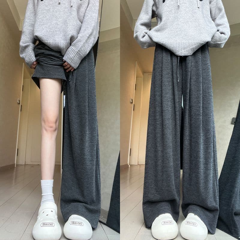 Lazy Style Grey Glutinous Rice Pants Women Summer New Plus Size High-Waist Slimming Wide-Leg Straight-Leg Casual Floor-Length Pants