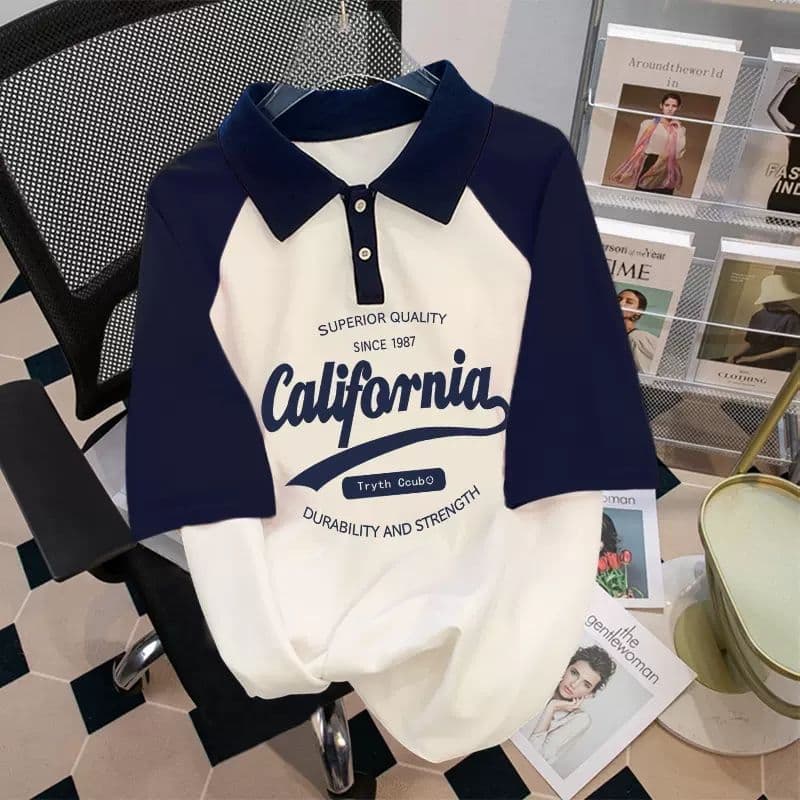 2025 Summer New Color Block Raglan Short Sleeve T-Shirt Women's American Retro Loose Short Sleeve Tee Polo Shirt Ins Style