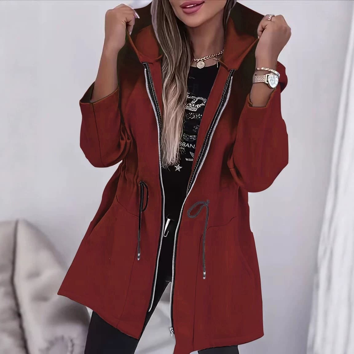 2026 Fall New Arrival European and American Cross-border Women's Fashion Loose Fitted Waist Casual Mid-length Hooded Zipper Jacket for Women