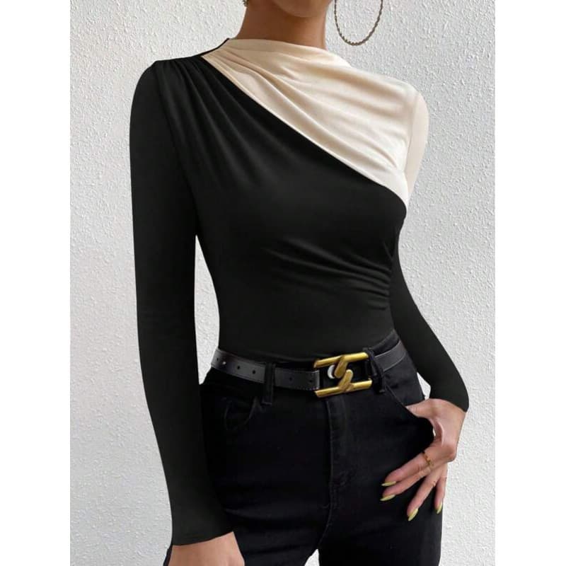 Sold Out Women's Color Block Asymmetric Neck Bodycon - Long Sleeve Draped Slim Fit Top for Party Night Out