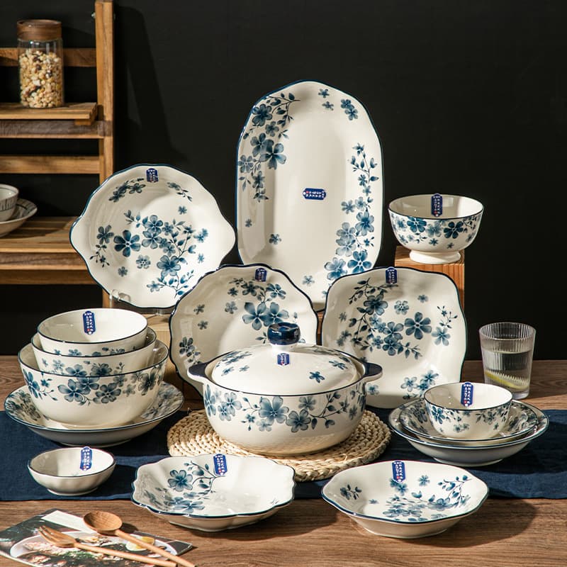 Little Blue Star Light Luxury Retro Household Tableware Ceramic Set Bowls Dishes Plates Housewarming High Aesthetic Wholesale