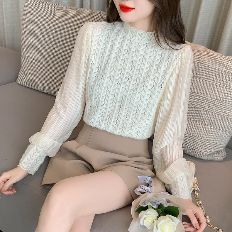 White lace slim top women's clothing 2025 autumn/winter hit versatile stylish long sleeve textured professional shirt