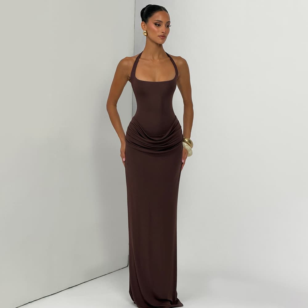 European and American style banquet evening dress, halter neck, low-cut solid color dress, sexy hot girl simple wear, backless long skirt for women