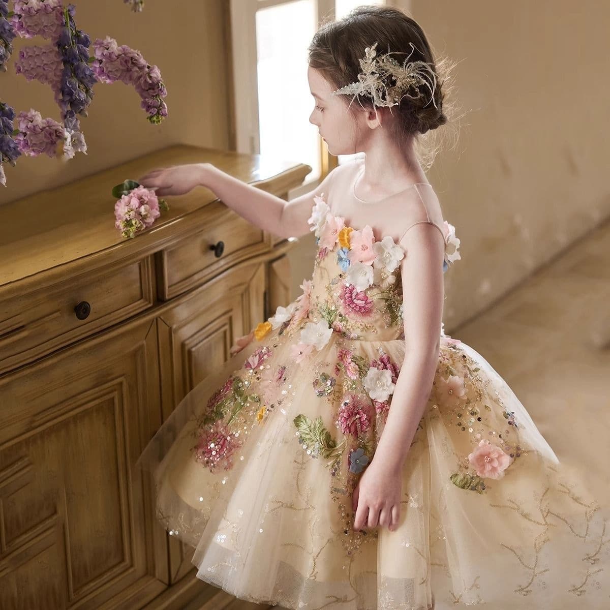 Girls' High-End Forest Wedding Flower Girl Dress, French-Style Children's Birthday Princess Host Runway Piano Performance Outfit