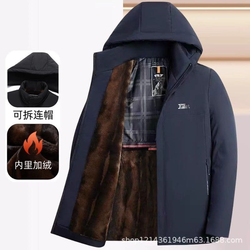 Middle-Aged and Elderly Men's Wear Parka Large Size Casual Detachable Hood Warm Fleece Lined Thickened Clearance Winter Cotton Coat