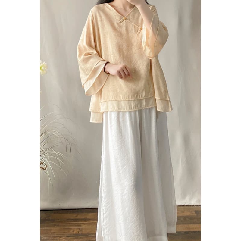 Summer Modified Hanfu Zen Tea Set Two-Piece Set: Double-Layered Top with White Wide-Leg Pants