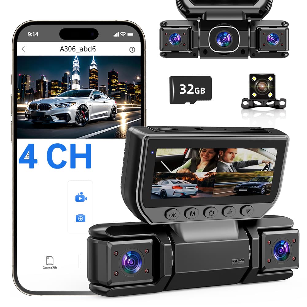 3.0-inch Quad-Channel Dash Cam with WiFi, Infrared Night Vision, 24-Hour Parking Monitoring, Wireless Connectivity