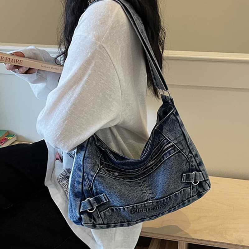 Korean MK new cross-body denim bag Korean style croissant bag retro washed distressed handbag Ins style tote bag