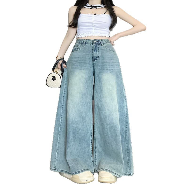 New Summer Light Blue Wide-Leg Jeans for Women 2026 Plus Size High-Waist Slimming Flowy Loose Straight-Leg Floor-Length Pants