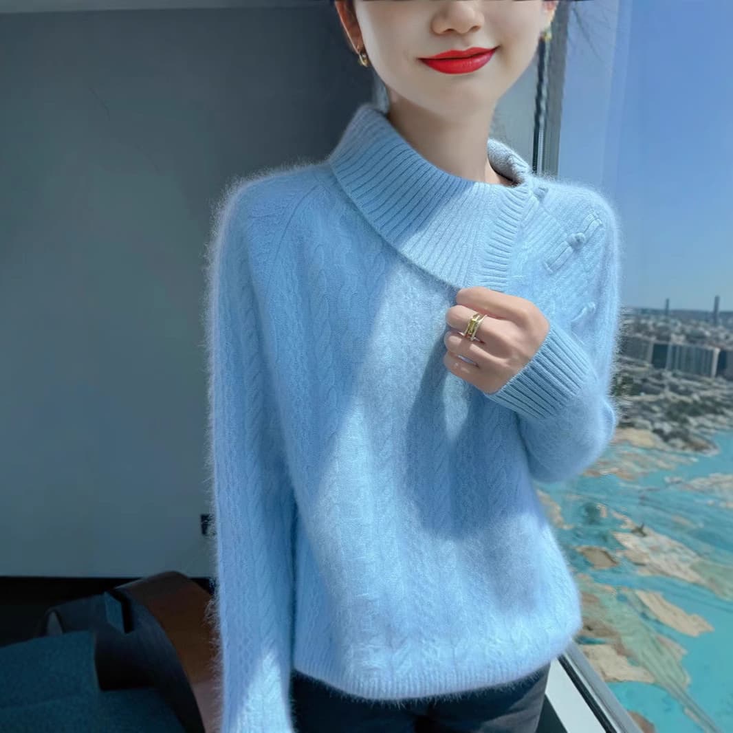 2025 Autumn/Winter Women's Mink Cashmere Sweater, Irregular Collar, Loose Cable Knit, Plus Size, Short Wool Knit Sweater, Base Layer