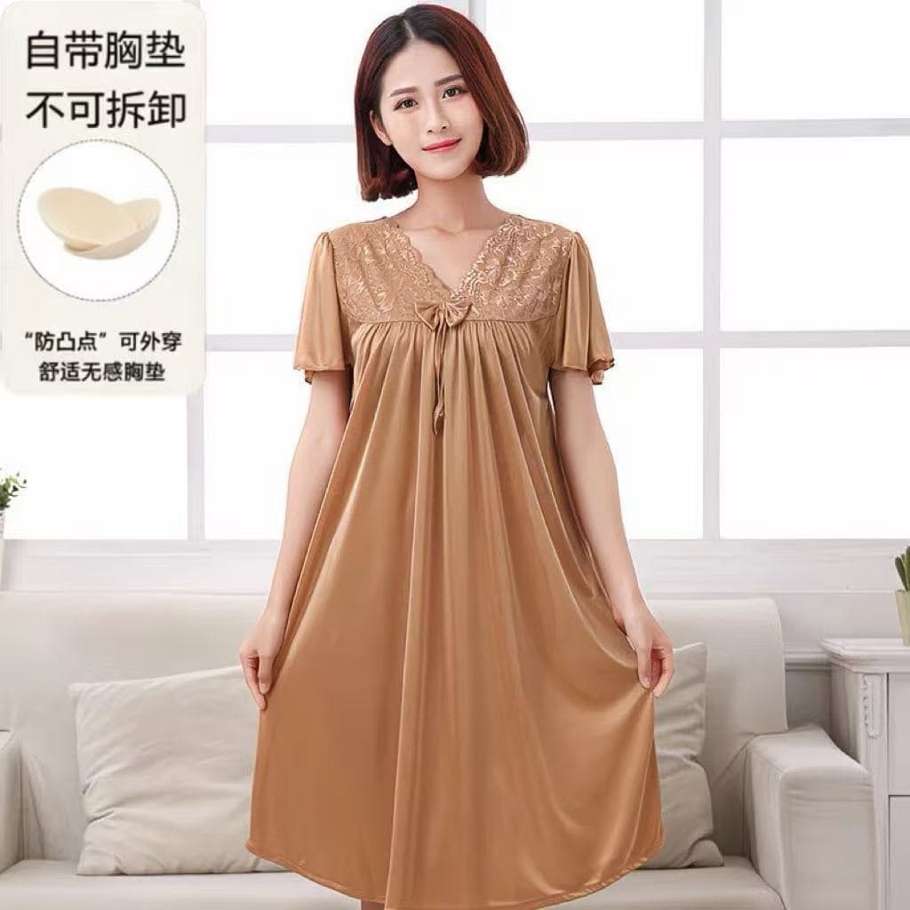 Nightgown with breast pads for women summer ice silk short-sleeved extra large size fat MM long chiffon loose 200 pounds silk summer