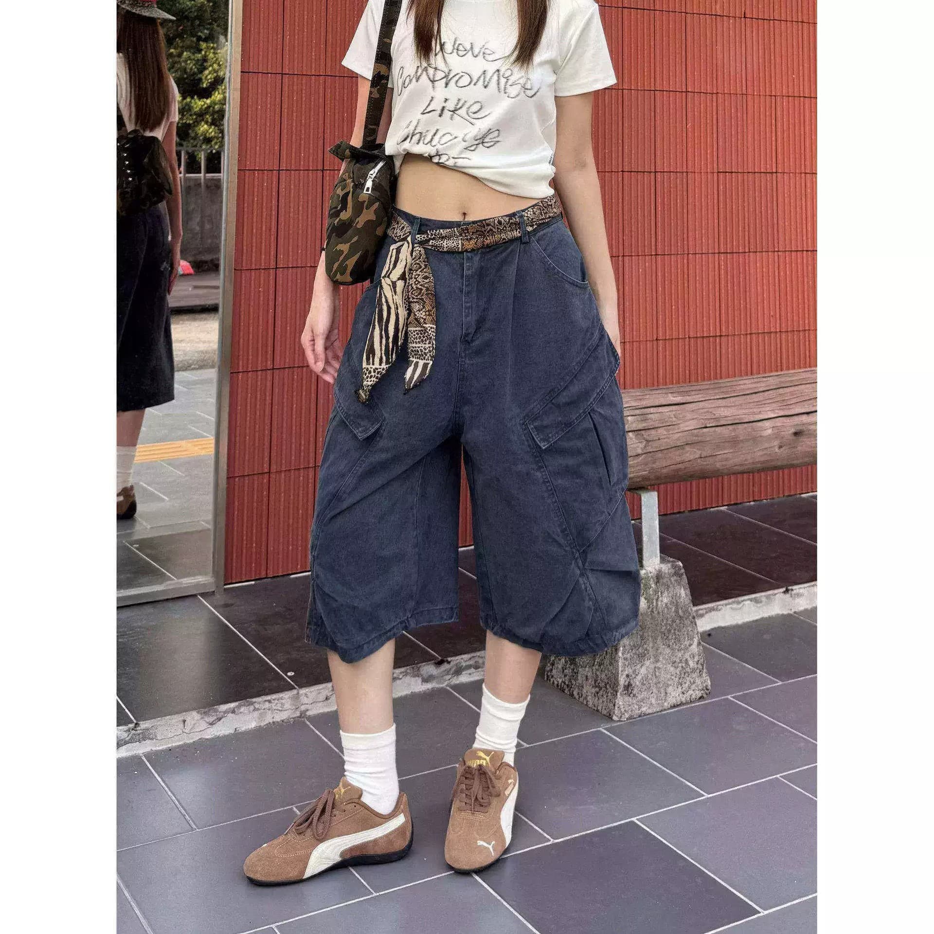 XFX American retro loose washed machete workwear cropped pants for women high street multi-pocket cleanfit shorts for men