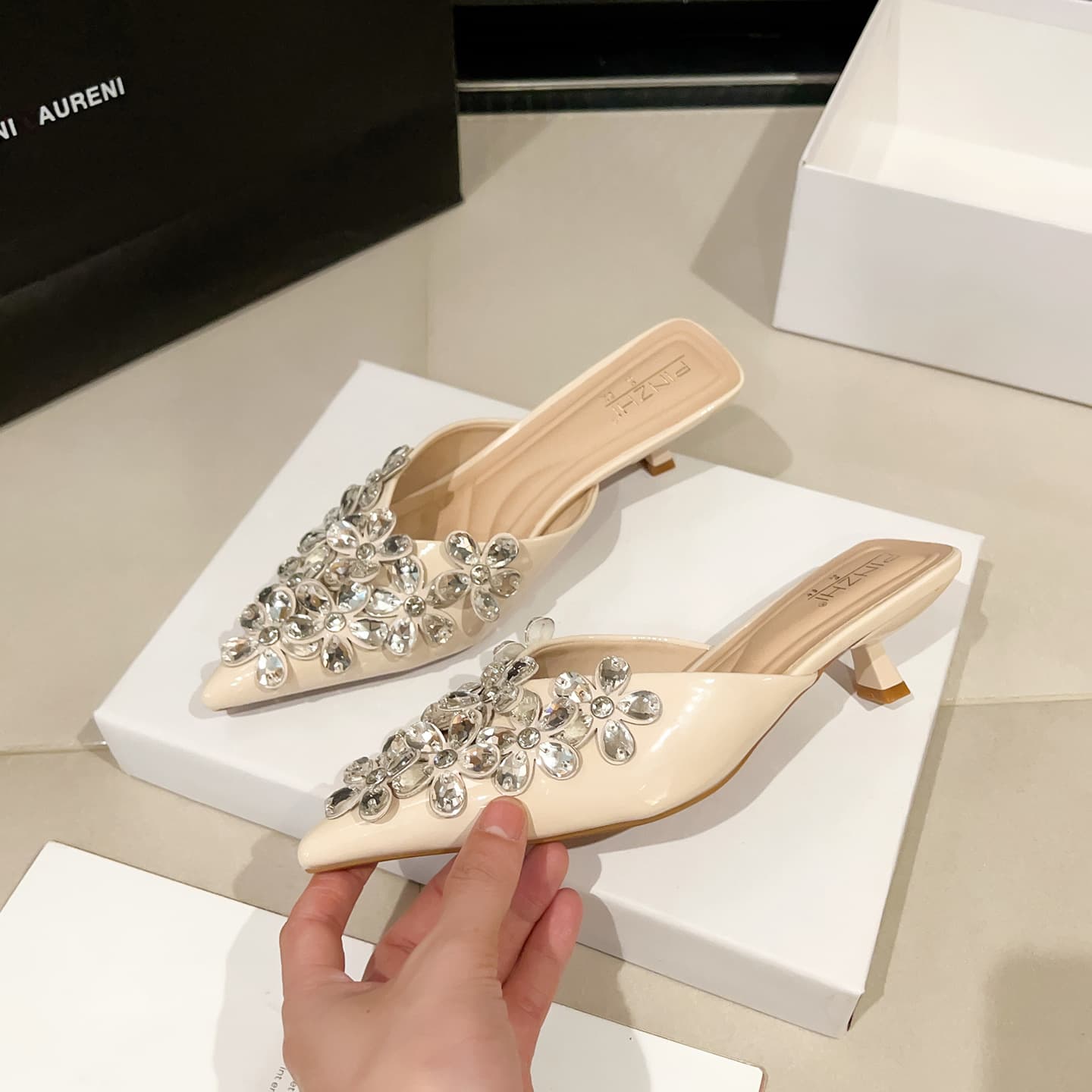 Black Patent Leather Peep-Toe Mules with a Socialite Style, High Heels with a Light Luxury and High-End Feel, New Model with Rhinestone Pointed Toe and Thin Heels