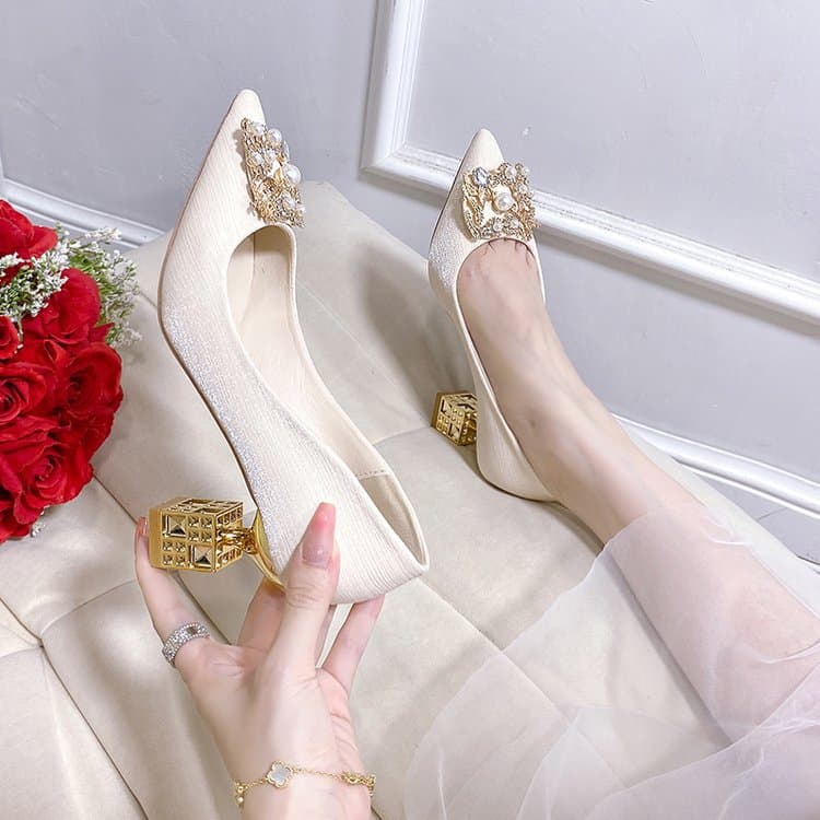Women's High Heels 2023 New Korean Style Pointed Toe Single Shoes Chunky Heel Fashion Pearl Rhinestone Square Buckle Elegant