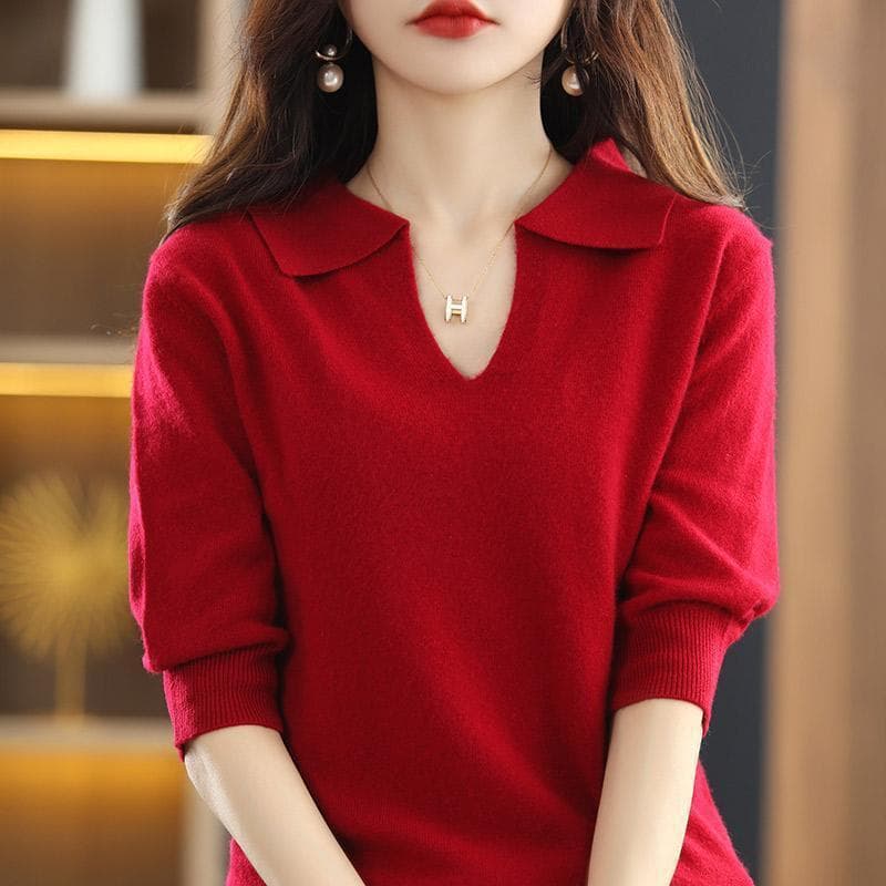 Women's Polo Neck Three-Quarter Sleeve Knit T-Shirt Spring New Loose Pullover Short Versatile Sweater Top