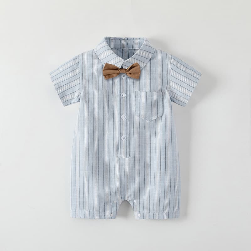Baby Boy Clothes 2026 Summer New Korean Style Gentleman Bow Tie Short Sleeve Baby Romper Thin Striped Crawling Suit