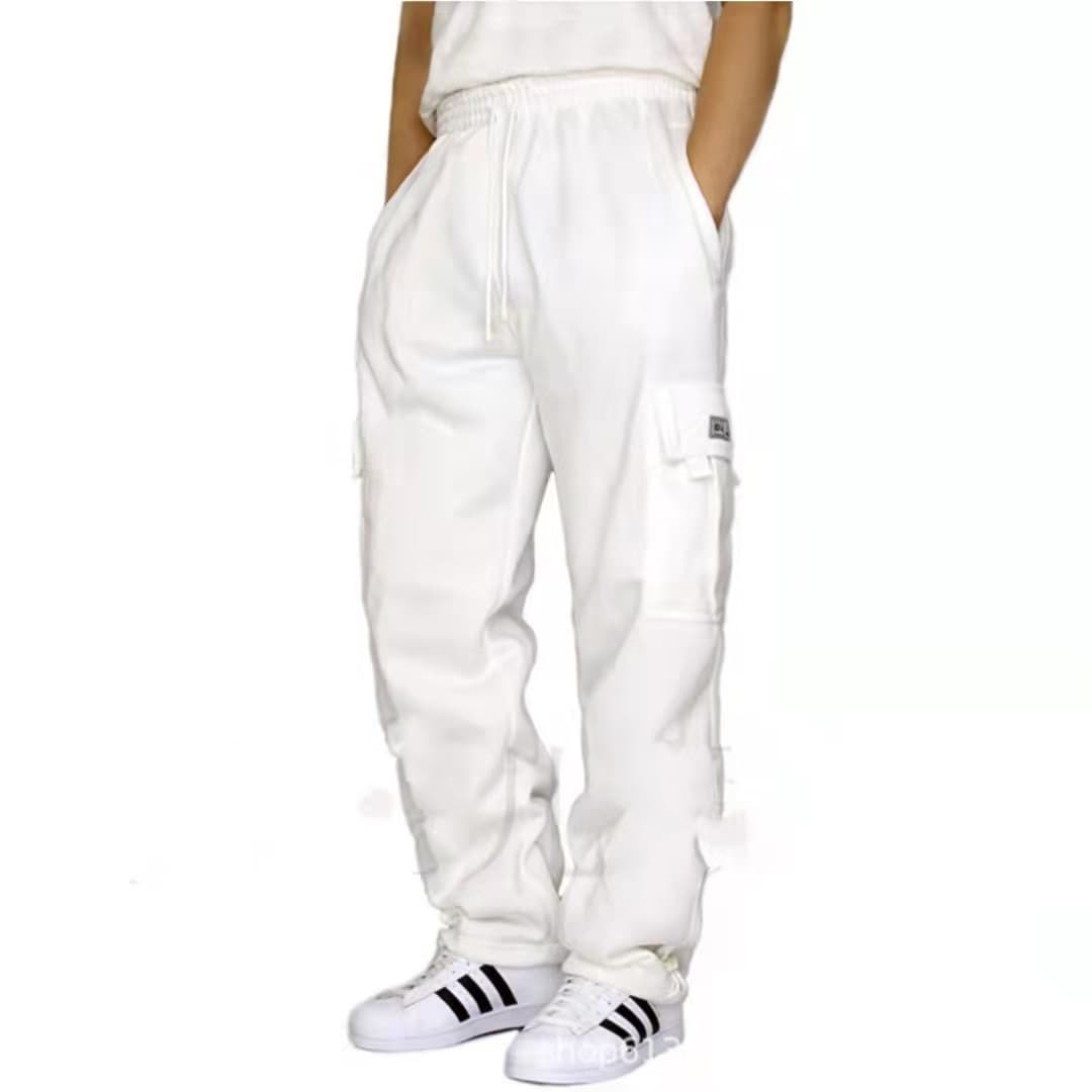 2023 Cross-border Plus Size Fleece-Lined Brushed Cargo Pants with Drawstring Hem, Webbing Tape, Leather Patch, Magic Tape Cargo Pants