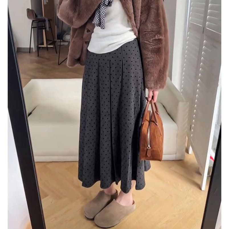 Autumn Winter Maternity Grey Polka Dot Wool Blend Pleated Half-Skirt Maternity Autumn Belly-Support Slimming A-Line Skirt Mid-Length
