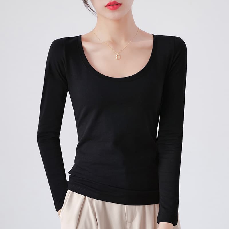 Black Long Sleeve Round Neck Cotton T-Shirt Women's Slim Fit Solid Color Base Shirt Spring 2023 Comfortable Breathable Cotton Tee