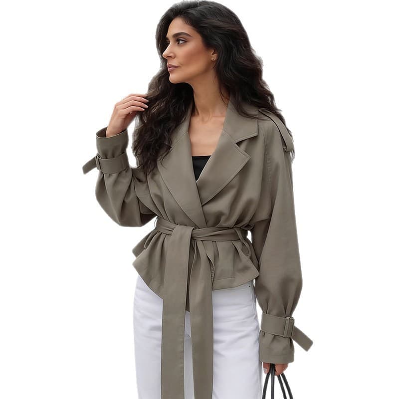 Cross-border In Stock Premium French Style Lapel Belted Trench Coat for Women, European & American Commuter Fashion Outerwear