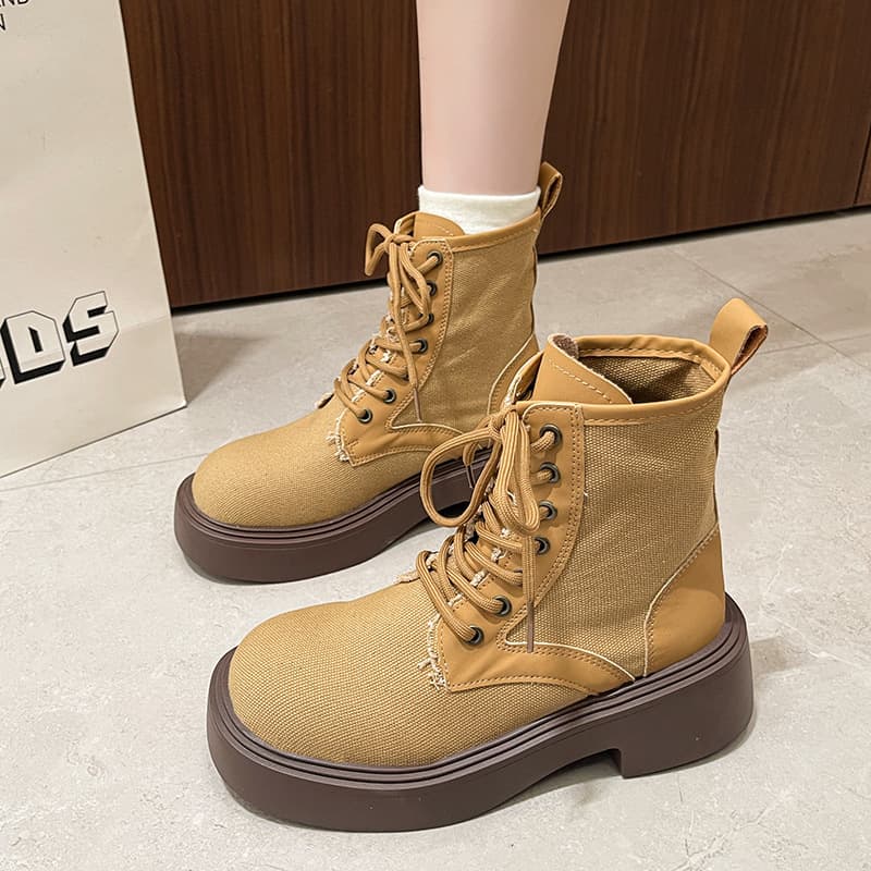 Thick-Soled Height-Increasing Martin Boots for Women, British Style Yellow Boots, 2026 Autumn and Winter New Style, Chunky Heel Short Boots, Lace-Up Women's Boots