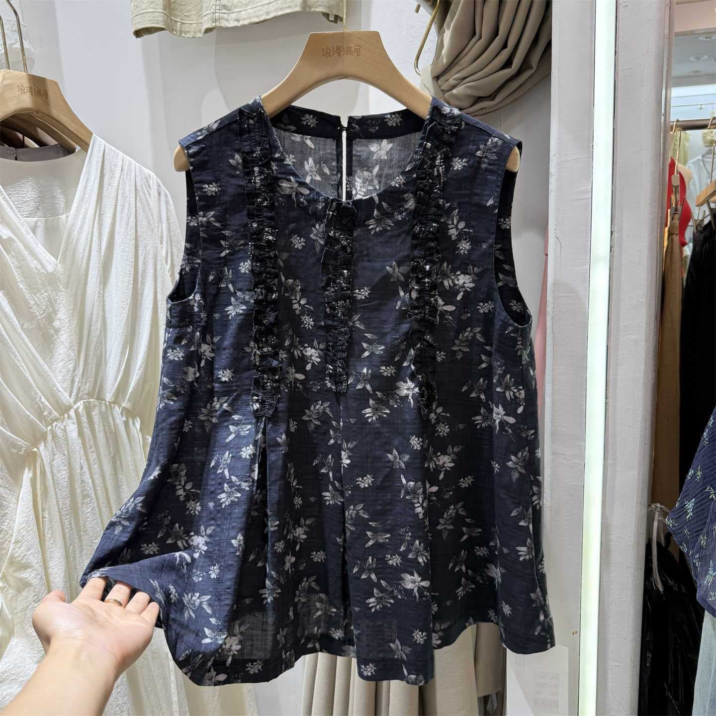 2026 Summer New Fashion Round Neck Floral Print Sleeveless Blouse Women Design Sense Cotton Linen Vest Top