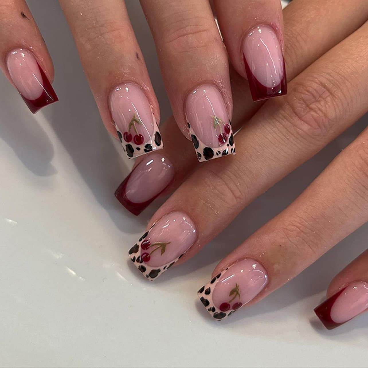 French Leopard Print Cherry Press-On Nails Short New Year Red False Nails Winter Ready-Made Removable Nail Tips