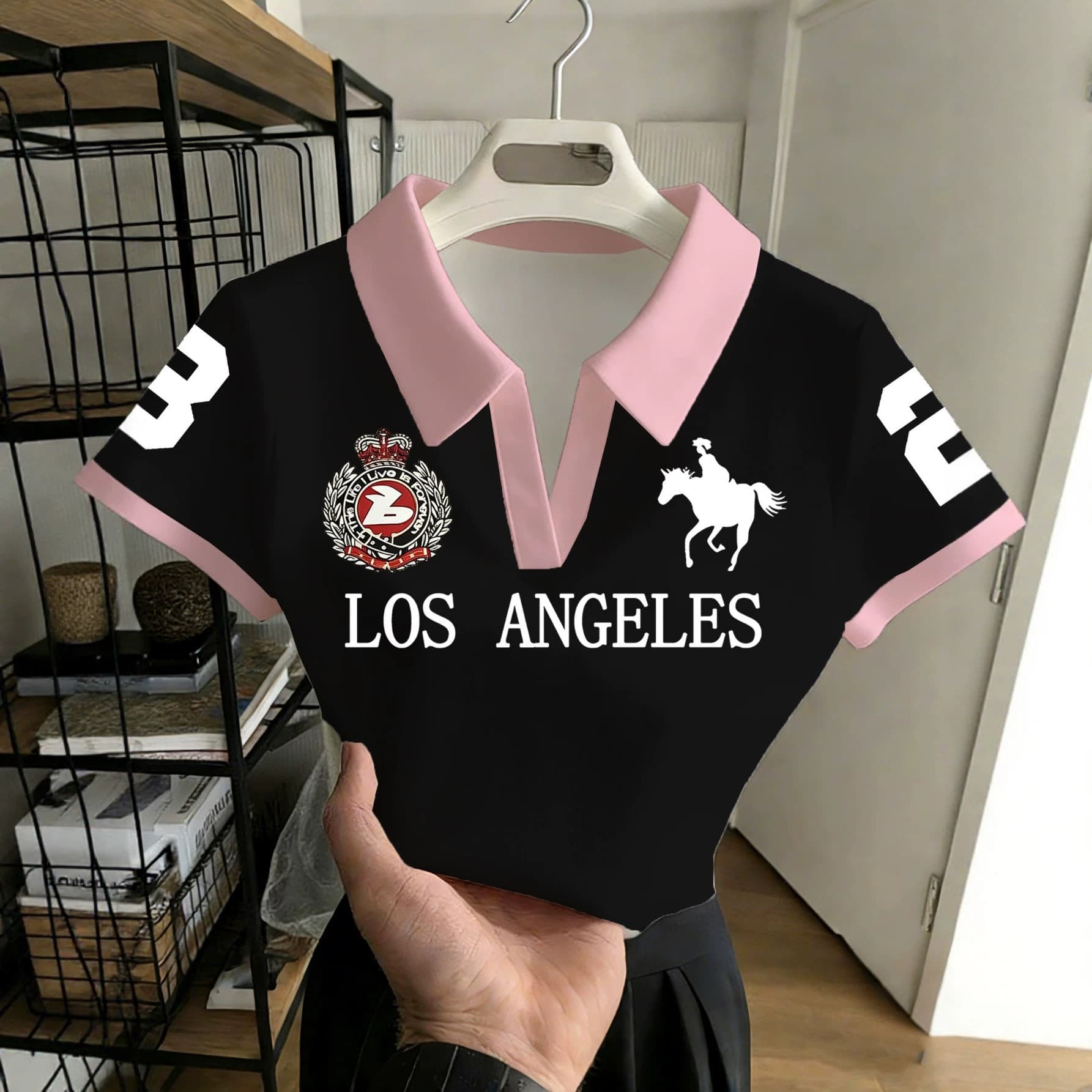Letter Printed Black and Pink Contrast Color 2026 Summer New Women's Short-Sleeved Lapel Buttonless POLO Shirt