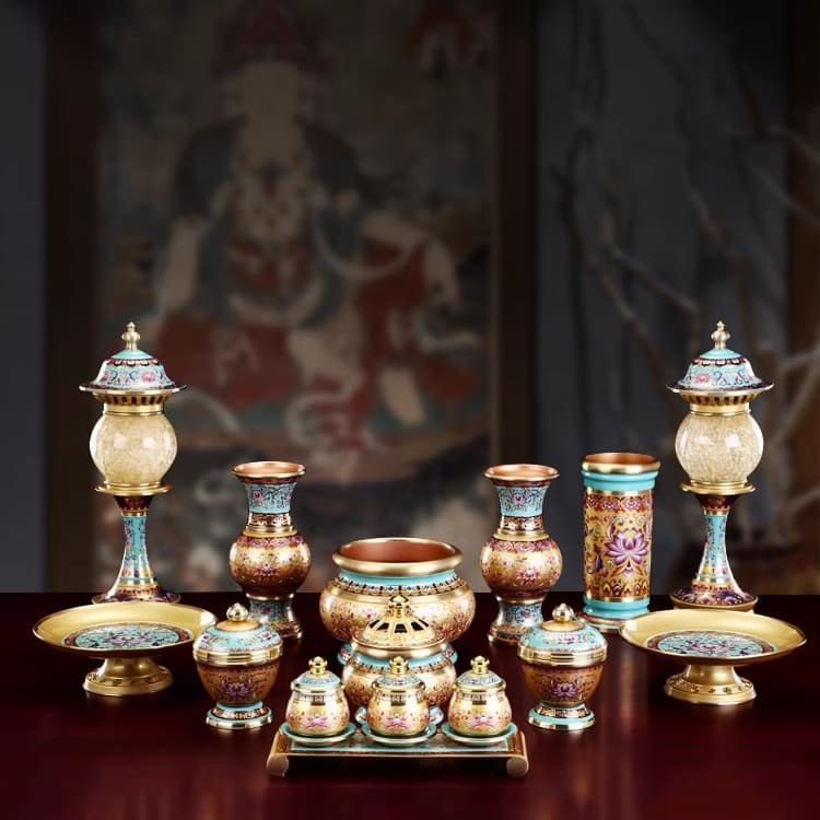 Enamel Copper Buddhist Ritual Set, Incense Burner, Offering Cup, Fruit Plate, Vase, Shrine Decoration for Home Use