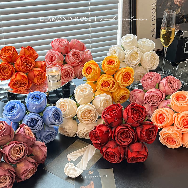 Burned Edge 7-Head Diamond Rose Vintage Artificial Flowers Faux Rose with Burnt Edges for Bouquet, Wedding, DIY Floral Materials