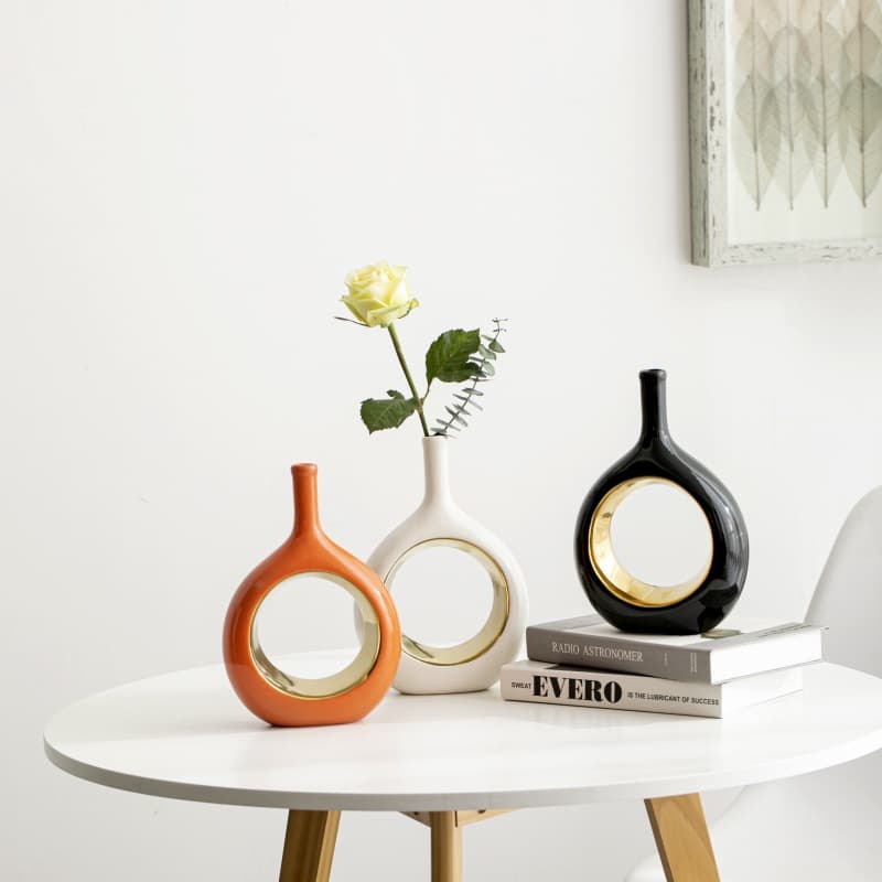 Simple Electroplated Jade Ring Ceramic Vase Handcrafted Creative Art Living Room Desk Showroom Decorative Ornament