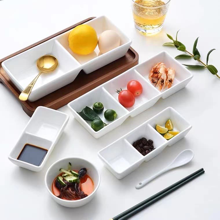 Ceramic Multi-Compartment Dishes, Side Dishes, Hot Pot Restaurants, BBQ Sauces, Seasonings, Three-Compartment Seasoning Dish, Vinegar Dipping Dish, Commercial Tableware