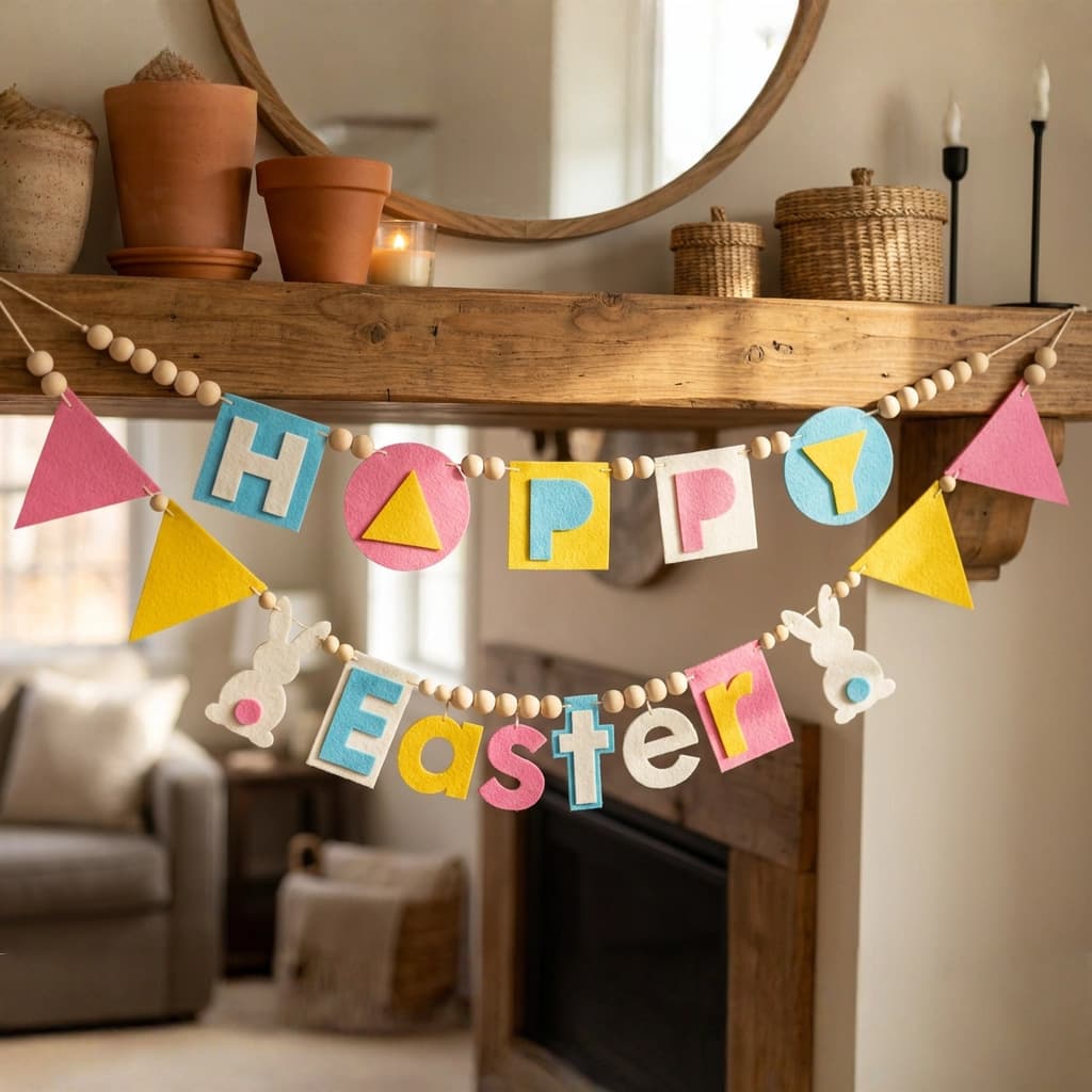 Cross-border Supply Felt Cartoon Easter Banner Happy Easter Letter Flag with Rabbit Wood Bead Decoration