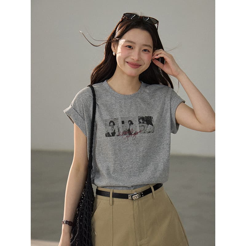 【Geming】Guangzhou Thirteen Hongs Korean-style New T-Shirt Cartoon Print Folded Hem Short Sleeve Top Women Summer BG213