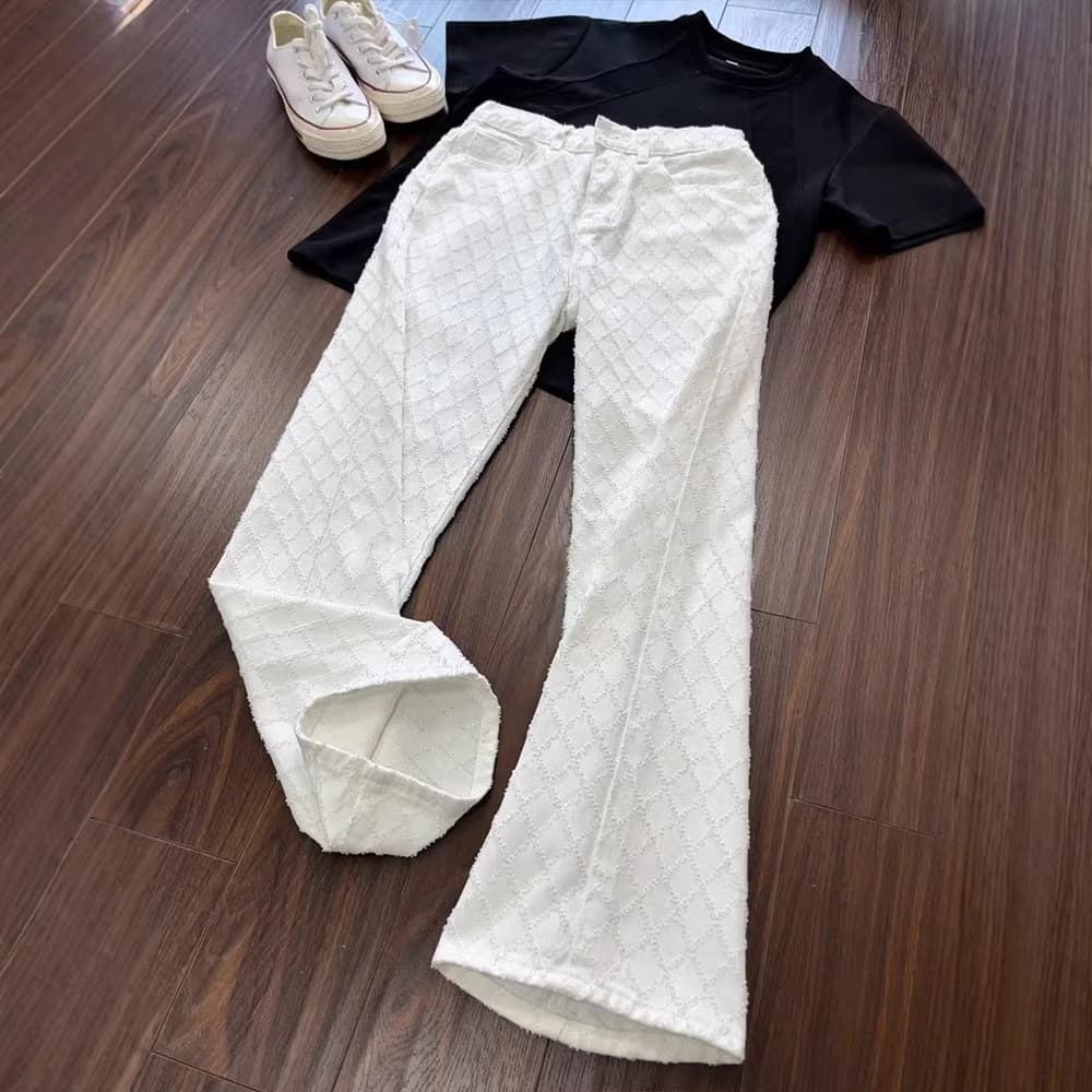 Cleanfit White Diamond-Patterned Jeans for Men, Autumn Jacquard Design Pants, High Street Vibe Straight-Leg Flared Pants