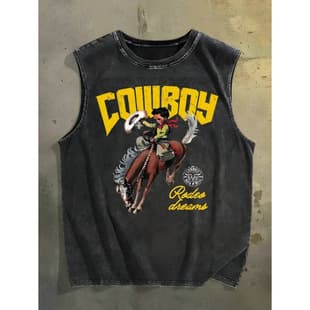 230g Pure Cotton European Fit Loose Sleeveless T-Shirt with Denim Riding Graphic