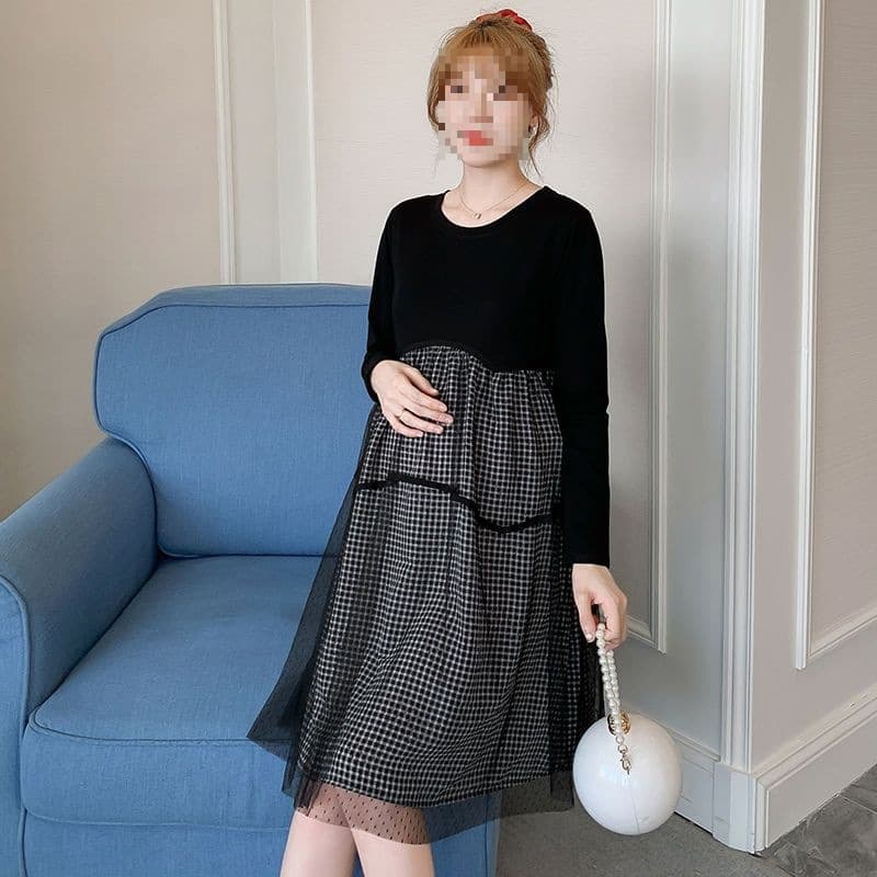 Maternity Wear for Spring and Autumn, Mid-Length Long Sleeve Dress, Plus Size New Loose Korean Style Fashionable High-Stretch Slimming Long Dress
