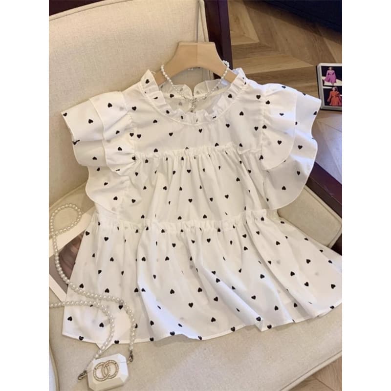White Polka Dot Short Flutter Sleeve Blouse for Women, Summer Loose Fit, Slimming, Youthful, Ruffled Doll Shirt Top