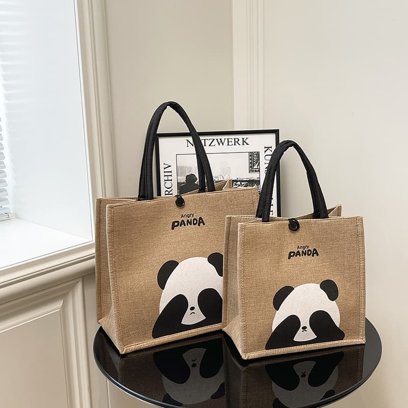 New Portable Linen Tote Bag, Cute Panda Vintage Linen Shopping Bag, Travel Bag, Single Shoulder Bag