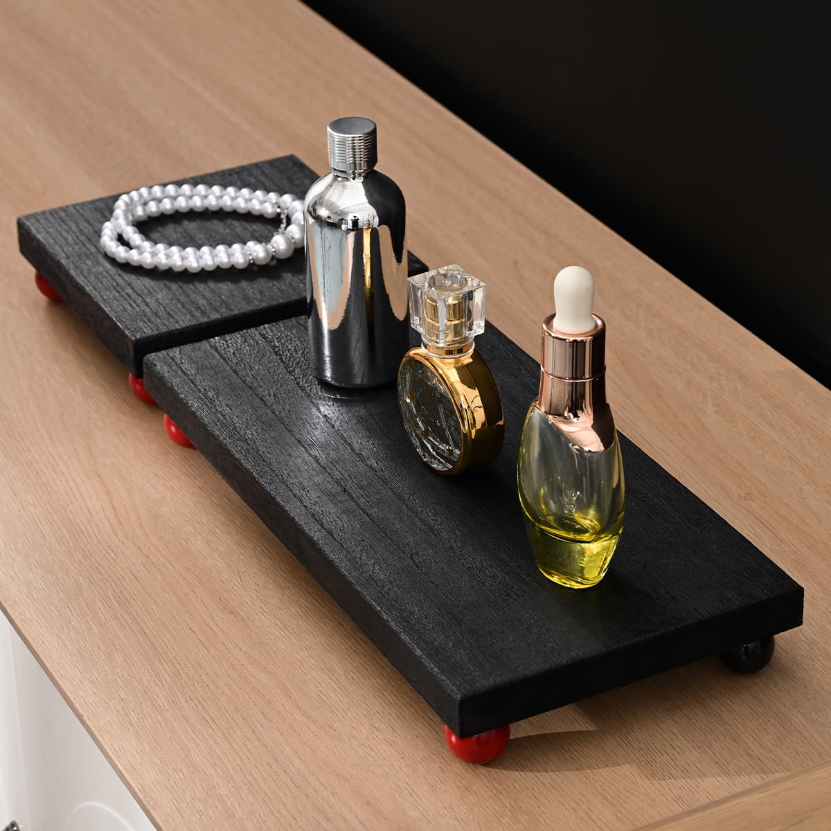 Solid Wood Trendy Desktop Cosmetic Storage Organizer Shelf, Entryway Perfume Aromatherapy Wooden Rectangular Decorative Tray