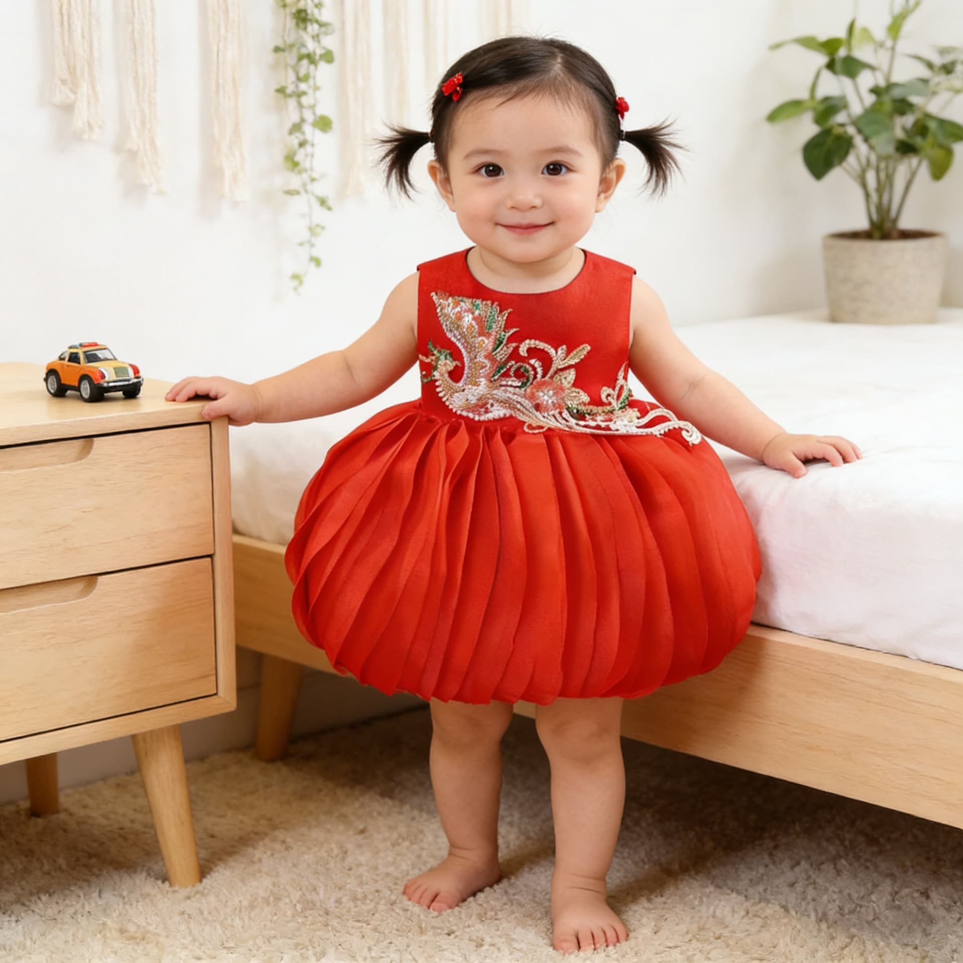 High-end girls' one-year-old dress, Phoenix embroidery baby's birthday party princess dress, sleeveless mesh lantern dress