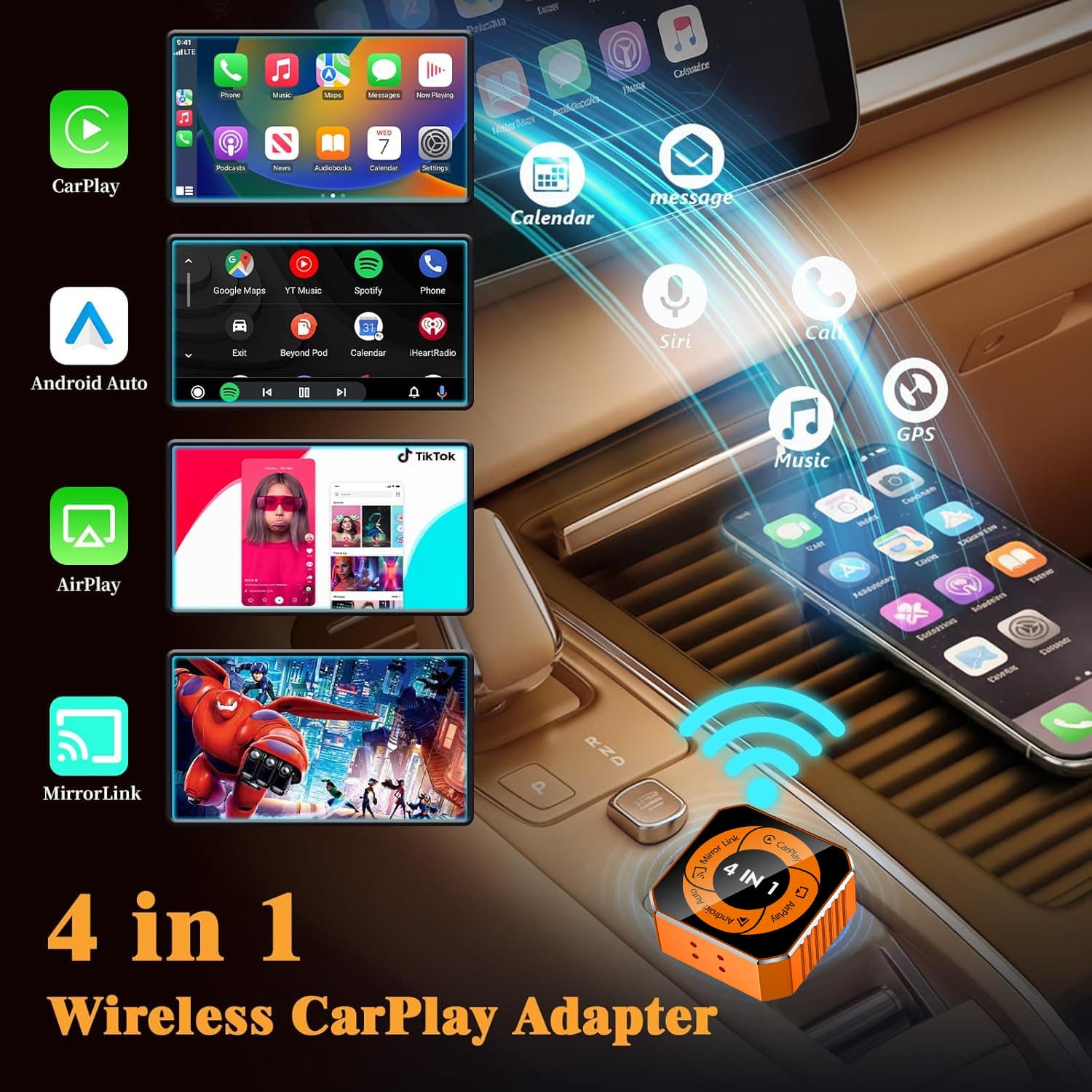 Car-mounted 4-in-1 wired to wireless CarPlay box, no data cable needed, can be used for Apple Android phone car screen projection