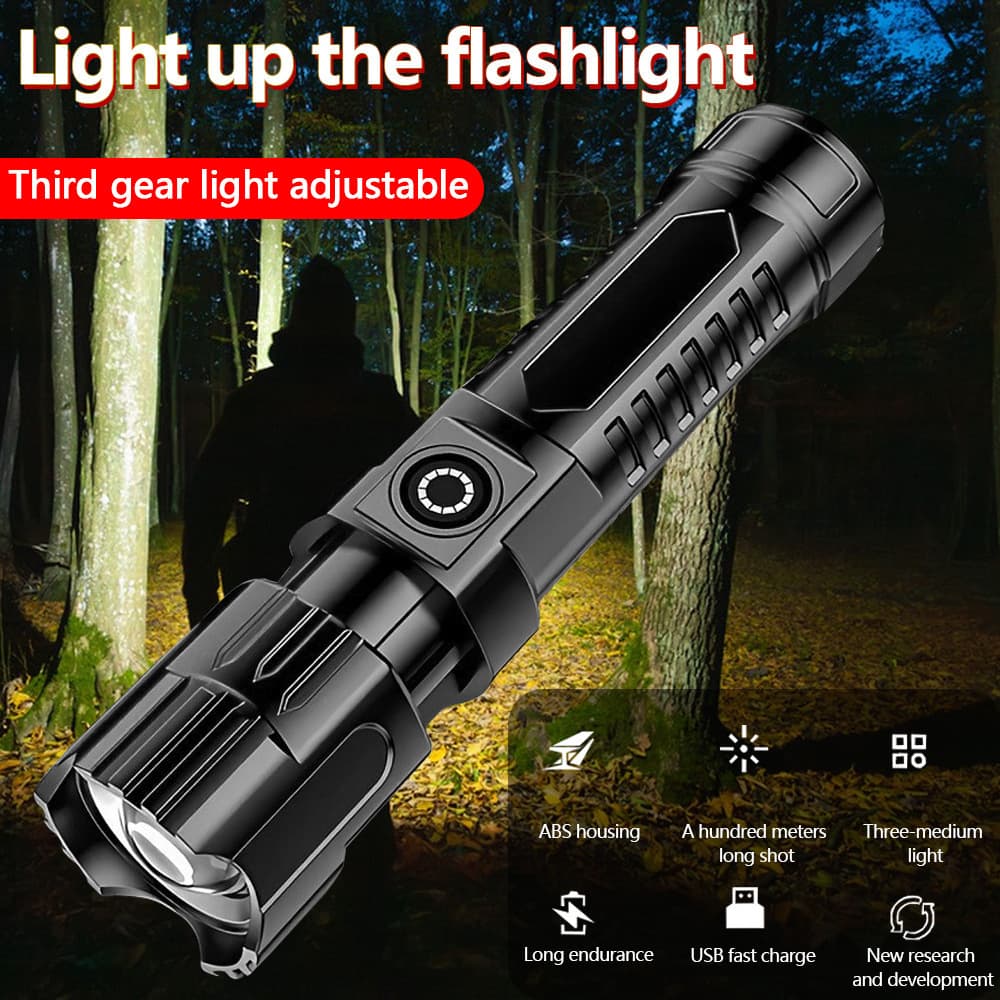 New Cross-Border Strong Light Flashlight Outdoor Home Camping Cycling Long-Range USB Rechargeable Zoom LED Light Amazon