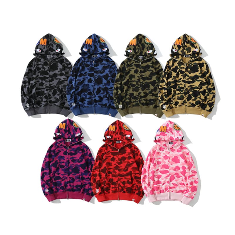 Classic Camo Shark Print Fall Hooded Sweatshirt for Men Youth Zip-Up Cardigan Embroidered Jacket Cross-Border Wholesale