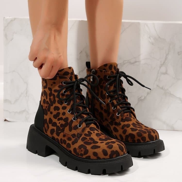 European and American Fashion Plus Size Chunky Heel Round Toe Leopard Print Short Boots Women Suede Manufacturer Stock 2024 Autumn Winter Women's Martin Boots