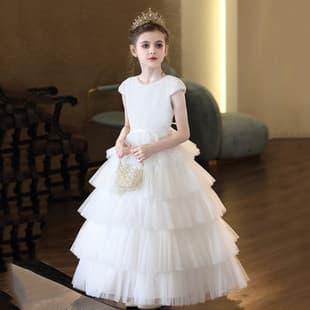 Girl's Runway Dress White Tulle Multi-Layer Cake Skirt Children's Piano Performance Birthday Princess Dress