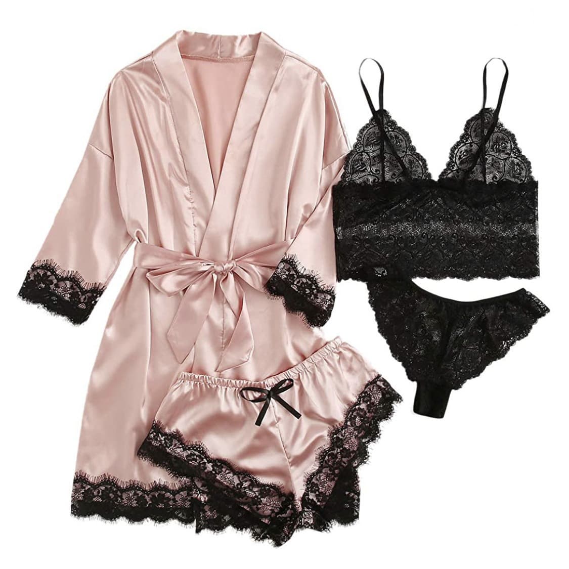 New European and American Women's Pajama 4-Piece Set Lace Camisole Pajamas for Women Summer Set with Robe and Nightgown